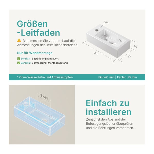 EMKE Waschbecken Keramik 370 × 178 mm, Rechteck, glänzend Weiß, Höhe 95 mm, mit Bohrung links für Wasserhahn, Wandmontage, für Badezimmer und Gäste-WC, Handwaschbecken, Wandwaschbecken