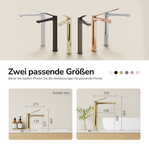 Verschiedene Badarmaturen in verschiedenen Farben und zwei Größendarstellungen mit Maßangaben.