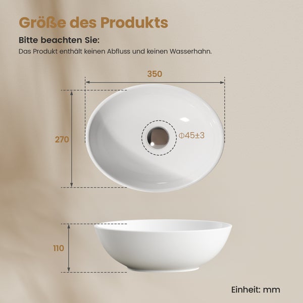 EMKE Keramik Waschbecken 35×27 cm, Ovales Aufsatzwaschbecken ohne Hahnloch, Glänzend Weiß, Höhe: 11 cm, Pflegeleicht, Antibakteriell, Feuchtigkeitsresistent