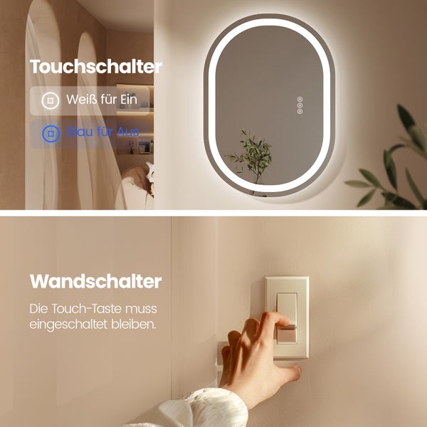 Ein beleuchteter Spiegel mit Touchschalter und ein Wandschalter werden gezeigt.
