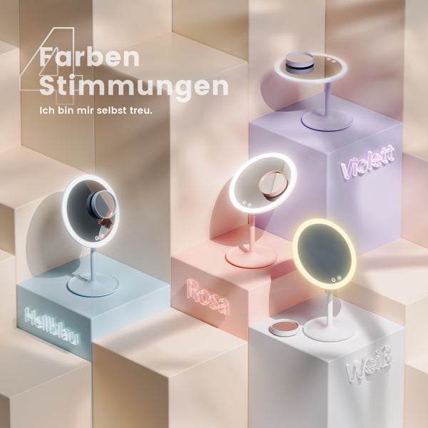 Abbildung verschiedener Kosmetikspiegel mit LED-Beleuchtung auf farbigen Sockeln