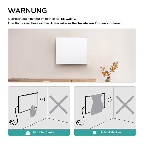 Sicherheitshinweise für Infrarotheizung mit Warnung vor heißen Oberflächen, Verbot von Berührungen und Abdeckungen zur Vermeidung von Brandgefahr.