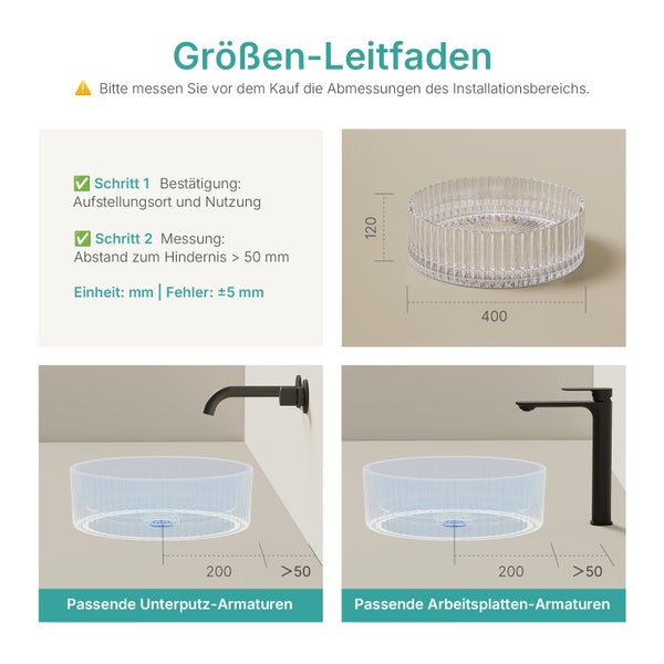 Größenleitfaden für Waschtische und Armaturen mit Maßangaben