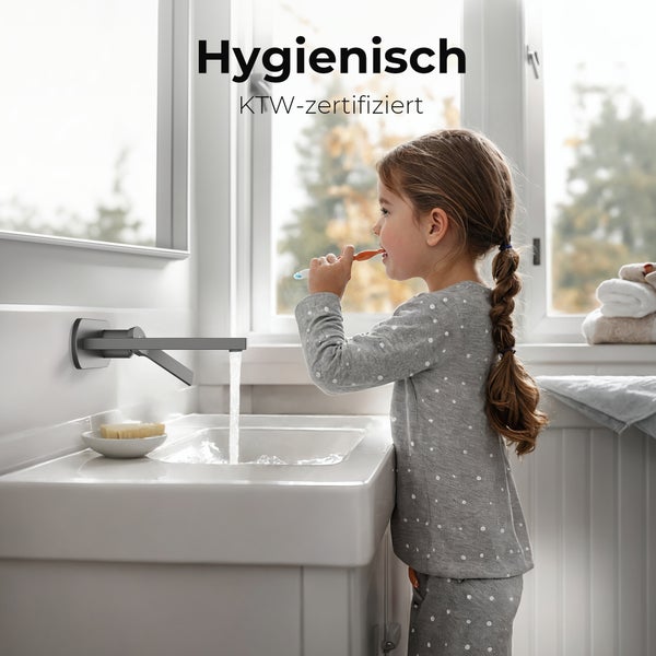 EMKE Wasserhahn Bad Unterputz, Waschtischarmatur Unterputz aus Kupfer, 2-Loch Wandarmatur, Anthrazit, 288×210×70 mm, für Badezimmer Waschbecken geeignet