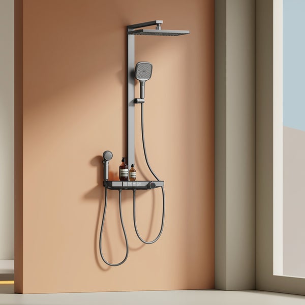 EMKE Duschsäule mit Thermostat, matt Anthrazit, 4-fach Wasserauslass, Handbrause mit 3 Strahlarten, digitales Display, Vorablauffunktion & Filter – multifunktionales Duschsystem