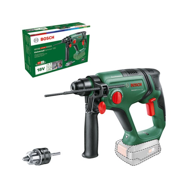 Bosch Akku Bohrhammer UniversalHammer 18V mit Zusatzhandgriff und Bohrfutter in Verpackung