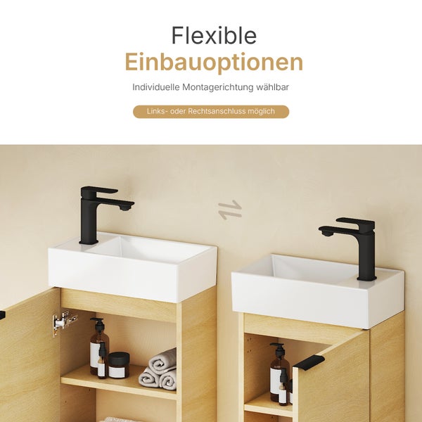 EMKE Waschbecken mit Unterschrank 417×240×646 mm, Badmöbel-Set mit Soft-Close, Türgriff, 2-fach verstellbarem Einlegeboden, Wandmontage, beidseitig montierbar, Eiche