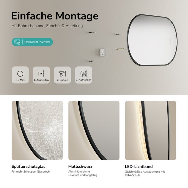 Wandspiegel mit LED Beleuchtung, Aluminiumrahmen, Splitterschutzglas und einfacher Montageanleitung.