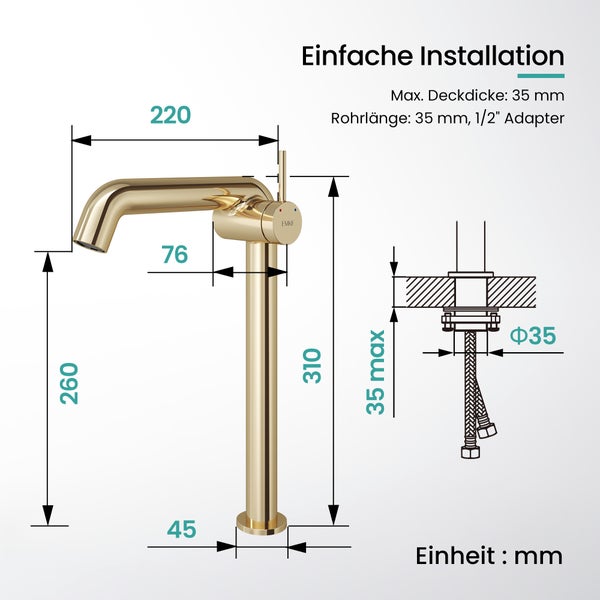 EMKE Einhebel-Waschtischarmatur, Badarmaturen, Waschbecken Armatur - Schweizer Design，G3/8, Wassersparend, Korrosionsschutz, Warm- & Kaltwasser, Bleifreies Messing,332x220x76mm,Champagnergold
