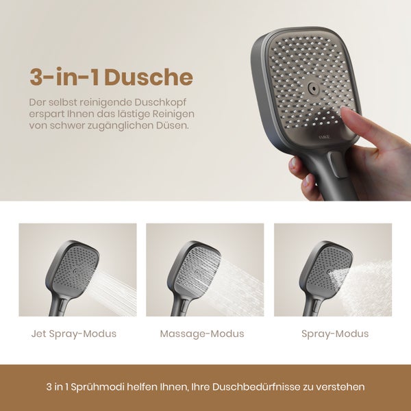EMKE Duschsäule mit Thermostat, matt Anthrazit, 4-fach Wasserauslass, Handbrause mit 3 Strahlarten, digitales Display, Vorablauffunktion & Filter – multifunktionales Duschsystem