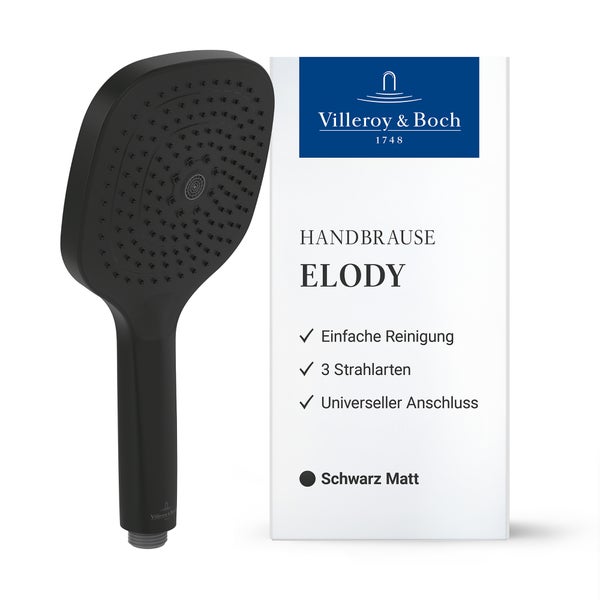 Villeroy und Boch Handbrause Elody mit drei Strahlarten und Produktverpackung