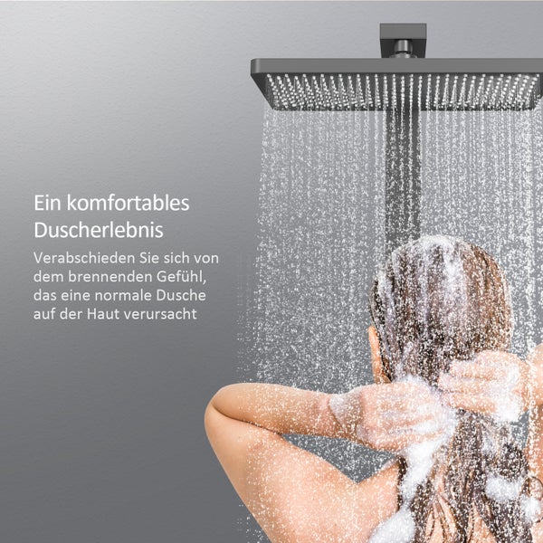 EMKE Duschsystem mit Thermostat, Duscharmatur Komplettset, 36 cm eckige Regendusche, 3 Wasserauslässe, Handbrause mit 3 Strahlarten, KTW-zertifiziert, 71 cm Ablagearmatur, 1,5 m Brauseschlauch, Matt Schwarz