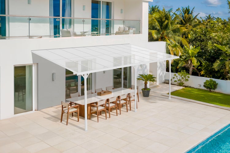 Terrassenüberdachung garten alu Weiß KLEO - Höhe verstellbar 556x300x225/270 cm - mit Polycarbonat Dach Weiß halbtransparent 6mm Auch Pergola/Carport
