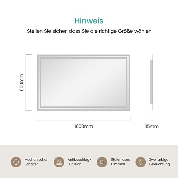 EMKE Badspiegel mit Beleuchtung 100 x 60 cm, Warmweiß/Kaltweiß, seitlicher Kippschalter, beschlagfrei, Aluminiumrahmen, IP44, für Badezimmer