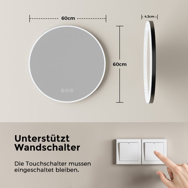 EMKE LED Badspiegel Ø60 cm, Touchschalter, 3 Farbtemperaturen einstellbar, dimmbar, Antibeschlag, Memory-Funktion, Acrylrahmen in Schwarz, IP44, für Bad