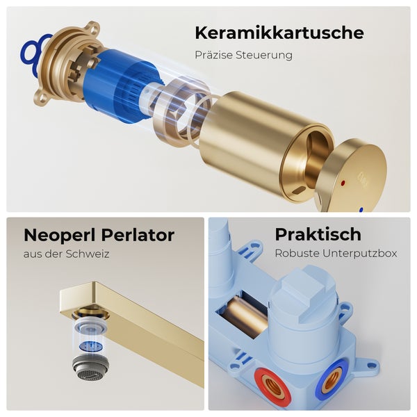 EMKE Waschtischarmatur Unterputz, Wasserhahn Bad Unterputz, 2-Loch Armatur aus Kupfer, Einhebelmischer zur Wandmontage, 288×210×70 mm, Champagne Gold, für Badezimmer Waschbecken