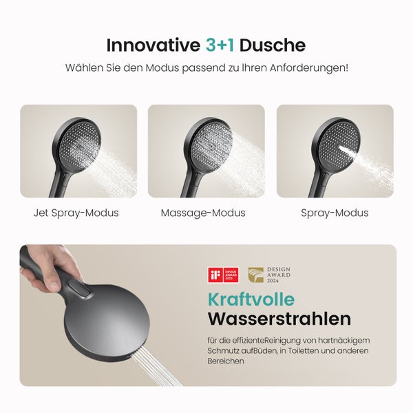 EMKE Duschsystem mit Thermostat, Duschsäule mit 40 cm thermostatischer Glasplatte, höhenverstellbarer Brausestange, Handbrause mit 4 Strahlarten & Wasserauslass, Anthrazit Matt
