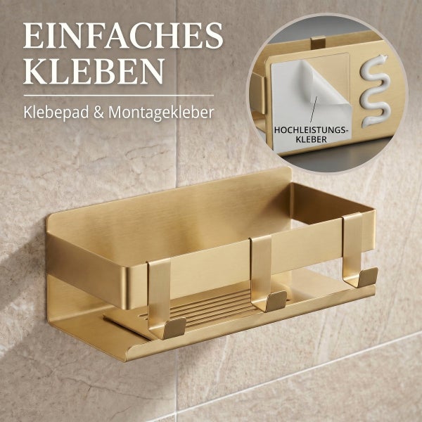 Duschregal zur Klebemontage mit Haken in Metalloptik an einer Fliesenwand, Montage mit Klebepad und Kleber.