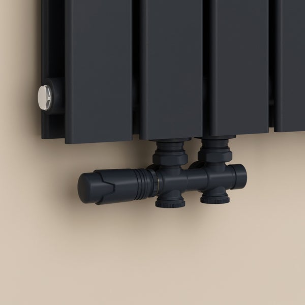 Nahaufnahme eines montierten, horizontalen Heizkörpers mit Thermostatventil