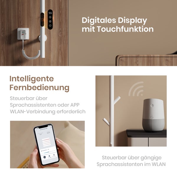 EMKE Elektrischer Handtuchheizkörper 150 cm, Baumförmig Vertikal, 100 W, LCD-Touch, Thermostat & Timer, WiFi, Weiß, für Badezimmer