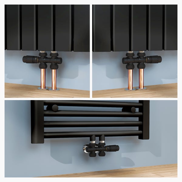 Installation eines schwarzen Heizkörperventils mit Kupferrohren