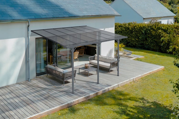 Terrassenüberdachung garten alu Grau KLEO - Höhe verstellbar 374x300x225/270 cm - mit Polycarbonat Dach Grau halbtransparent 6mm Auch Pergola/Carport