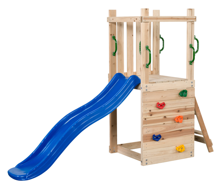 Spielturm aus Holz mit Rutsche und Kletterwand