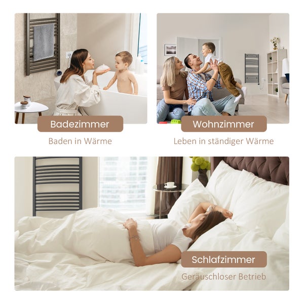 Szenenbild: Badezimmer mit Handtuchwärmer, Wohnzimmer mit Familie und Handtuchwärmer, Schlafzimmer mit Handtuchwärmer.