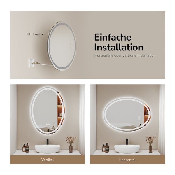 Runder LED Badspiegel mit Beleuchtung und einfacher Wandmontage, vertikal oder horizontal installierbar über dem Waschbecken.