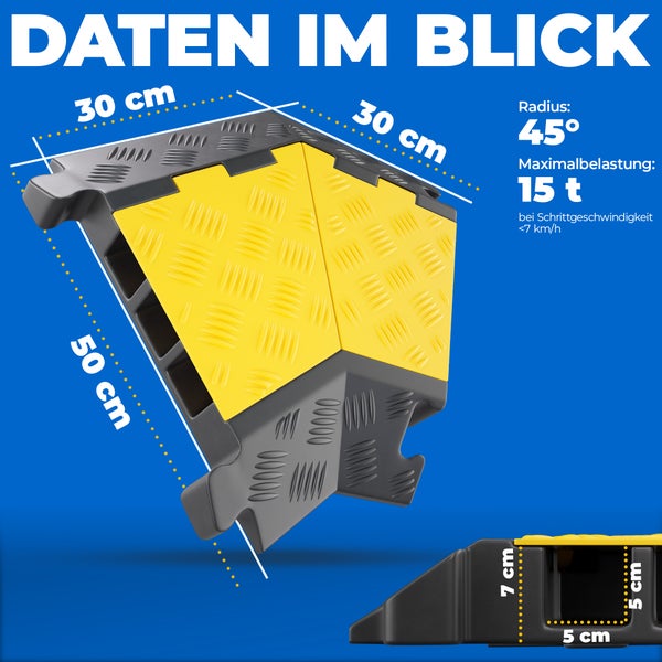 3 Kanal Ecke 45° Kabelbrücke mit Deckel überfahrbar Stolperschutz Rampe Brücke Protektor | 15 t Tragkraft | Gummi