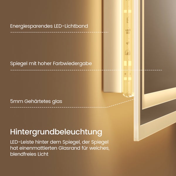 Detailaufnahme eines Spiegels mit LED-Beleuchtung und gehärtetem Glas