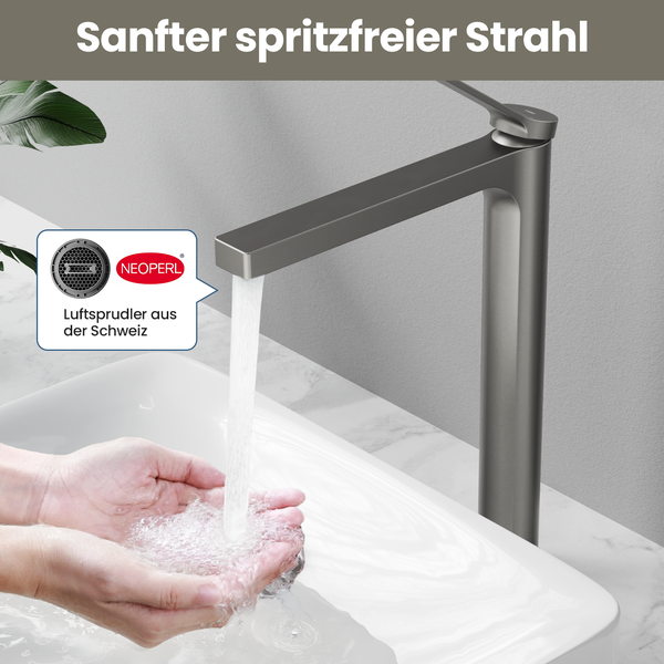 Emke Einhebel-Waschtischarmatur, Badarmaturen, Waschbecken Armatur - Schweizer Design, Minimalistisches Design，3/8 Zoll, Wassersparend, Korrosionsschutz, Warm- & Kaltwasser, Bleifreies Messing, Pflegeleicht -Anthrazit