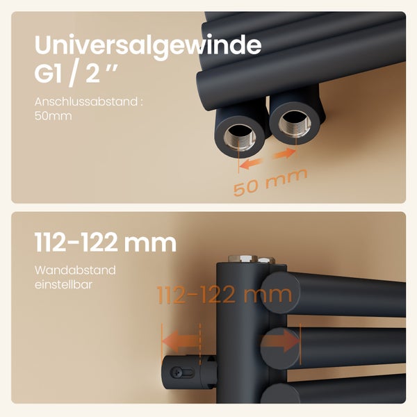 Abbildung zeigt Universal Gewinde G 1/2 Zoll und Anschlussabstand von 50 Millimeter, sowie Wandabstand einstellbar von 112 bis 122 Millimeter.