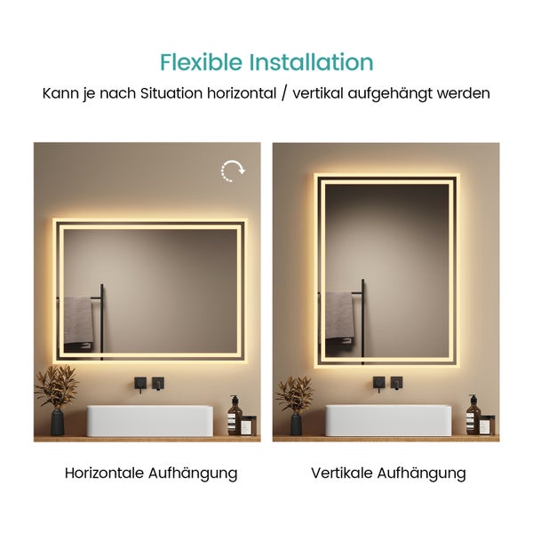 EMKE Badspiegel mit LED-Beleuchtung 80 x 60 cm, 3000K Warmweiß, Wandschalter, 4 mm rostfreier Spiegel, IP44, für Badezimmer