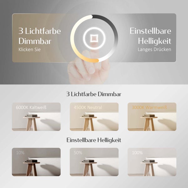 EMKE Badspiegel mit Beleuchtung 70x50 cm, LED-Spiegel mit Touchschalter, 3 Lichtfarben einstellbar, Beschlagfreie, Anti-Rost Spiegel, IP44, für Bad