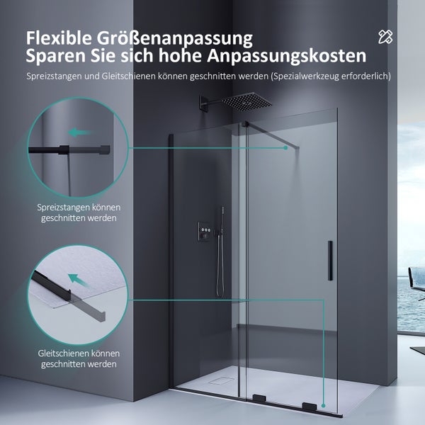 Walk-in-Dusche EMKE Eckdusche Duschabtrennung 140cm Breit 195 cm Höhe, Walk In Duschen, Duschtür mit Seitenwand, 8mm ESG-Sicherheitsglas mit Nano Beschichtung, Schwarz