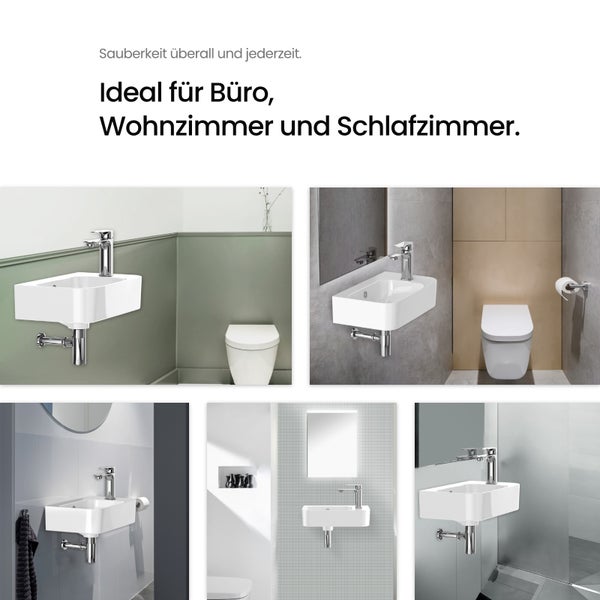 EMKE Hängewaschbecken 450 x 265 mm, Eckiges Keramik Waschbecken, mit Hahnloch rechts, glänzend Weiß, Höhe 156 mm, pflegeleicht, für Badezimmer