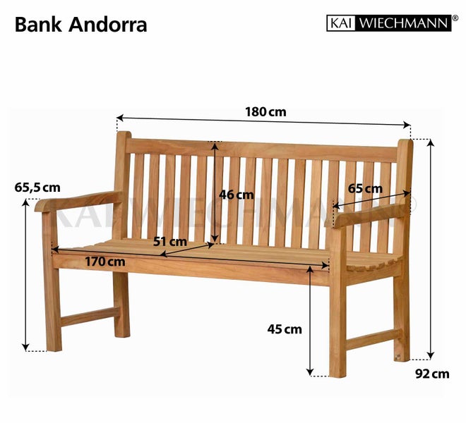 Abbildung einer Holzgartenbank Andorra mit Maßangaben