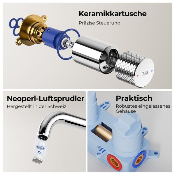 Explosionszeichnung einer Armatur mit Keramikkartusche, Luftsprudler und Einbaugehäuse