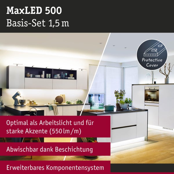 MaxLED 500 LED-Streifen Eigenschaften: Klebeband auf der Rückseite, 72 LEDs pro Meter, kürzbar alle 8,3 Zentimeter, einfach zu verbinden