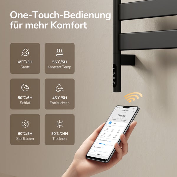 Smartphone-Steuerung für einen schwarzen Handtuchheizkörper mit verschiedenen Modi wie Trocknen, Sterilisieren und Entfeuchten.