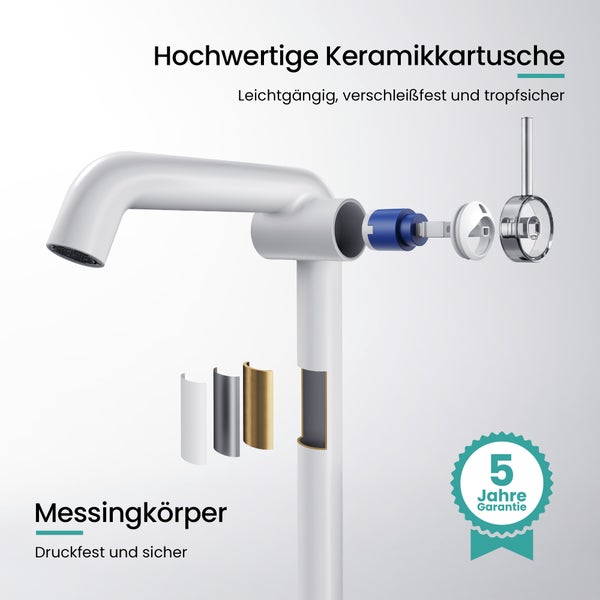 EMKE Einhebel-Waschtischarmatur, Badarmaturen, Waschbecken Armatur - Schweizer Design，G3/8, Wassersparend, Korrosionsschutz, Warm- & Kaltwasser, Bleifreies Messing,332x220x76mm,Weiß Matt