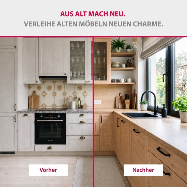 Vorher-Nachher-Vergleich einer Küchenrenovierung: links weiße klassische Küche, rechts moderne Küche in Holzoptik mit schwarzer Spüle.