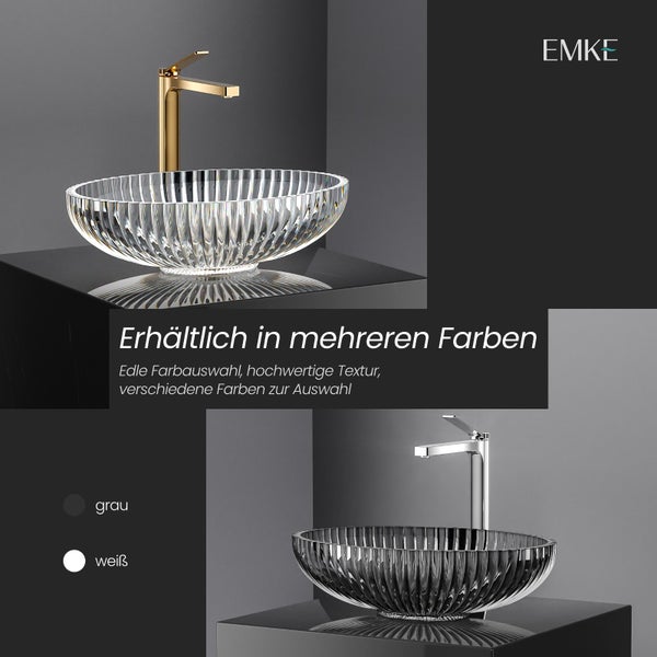 EMKE Aufsatzwaschbecken Tempered Lead Crystal Glass, 51 x 35 cm, Transparent, Badezimmer Waschbecken mit Elektroplattiertem Design, Ohne Hahnloch, Für Badezimmer und WC, Höhe 15 cm
