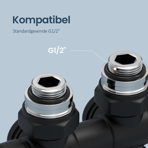 EMKE Heizkörperthermostat Multiblock-Set – Anschlussarmatur mit Thermostat für Heizkörper und Handtuchtrockner, Heizungszubehör in Eck- und Durchgangsform φ16xG1/2, Schwarz