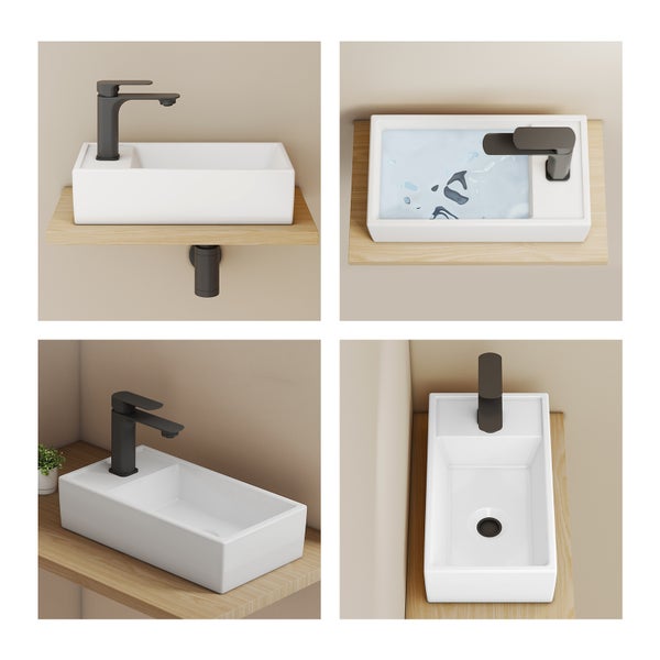 Waschtisch mit Armatur auf Holzablage, verschiedene Ansichten