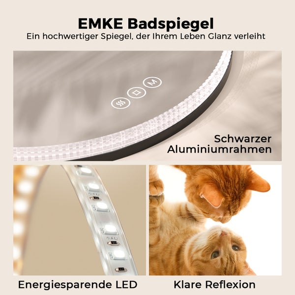 EMKE LED Badspiegel Ø60 cm, Touchschalter, 3 Farbtemperaturen einstellbar, dimmbar, Antibeschlag, Memory-Funktion, Acrylrahmen in Schwarz, IP44, für Bad