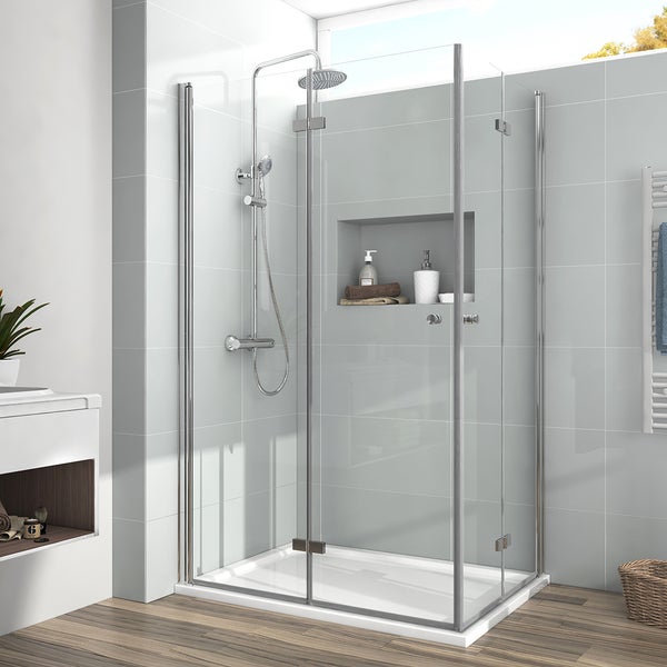EMKE Eckdusche Duschkabine Eckeinstieg höhe 185cm Duschwand, BxT: 75x100 cm, Duschabtrennung 6mm ESG Nano Glas Hebe-Senk Mechanismus Falttür Chrom