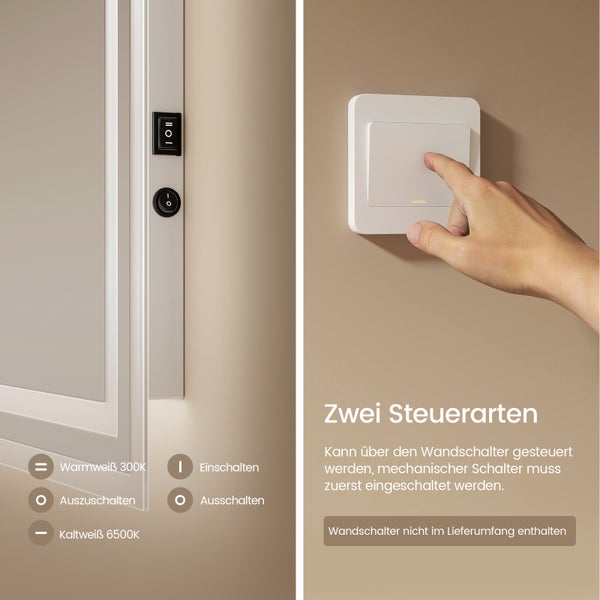 EMKE LED Badspiegel mit Beleuchtung, 120 x 60 cm, Kaltweiß/Warmweiß, Kippschalter, Anti-Beschlag, 5mm Kupferfreies, Rostfreies Glas, Horizontal/Vertikal Montierbar