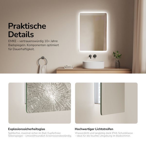 Rechteckiger LED Badezimmerspiegel mit Explosionssicherheitsglas und wasserdichtem Lichtstreifen für das Badezimmer.